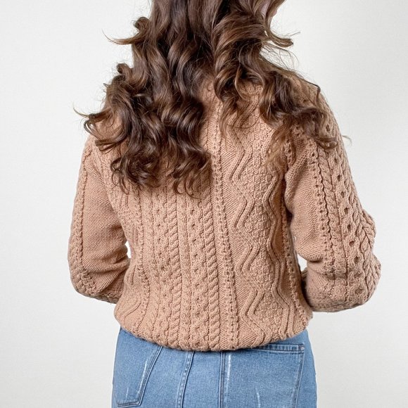 Vintage 100% Wool Cable Knit Turtleneck Oversized Sweater Preppy Fisherman Camel - Picture 2 of 7
